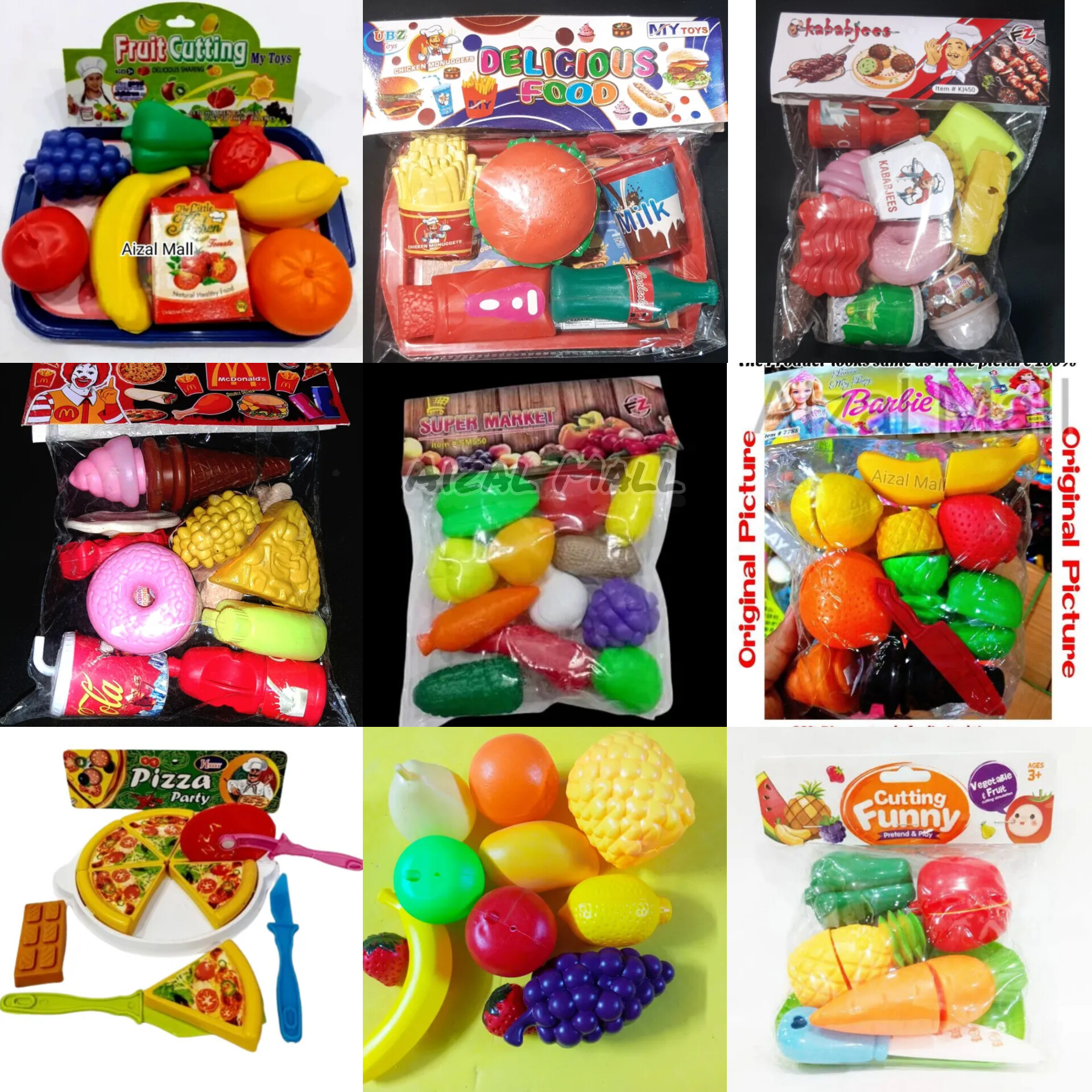 Fruits and Vegetables Toys - Kabbabjees and Donuts Artificial toy Vegetables and Fruits and Pizza Cutting Set for Kids Pretend Play, Educational Colorful Toy, Good Quality (Aizal Mall)
