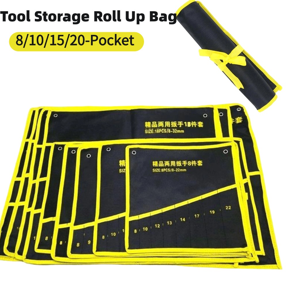 1Pcs Canvas Wrench Storage Roll Up Bag Dual-use Hardware Tool Bag Durable 8-20 Pocket Wrench Organizer for Garage Workshop