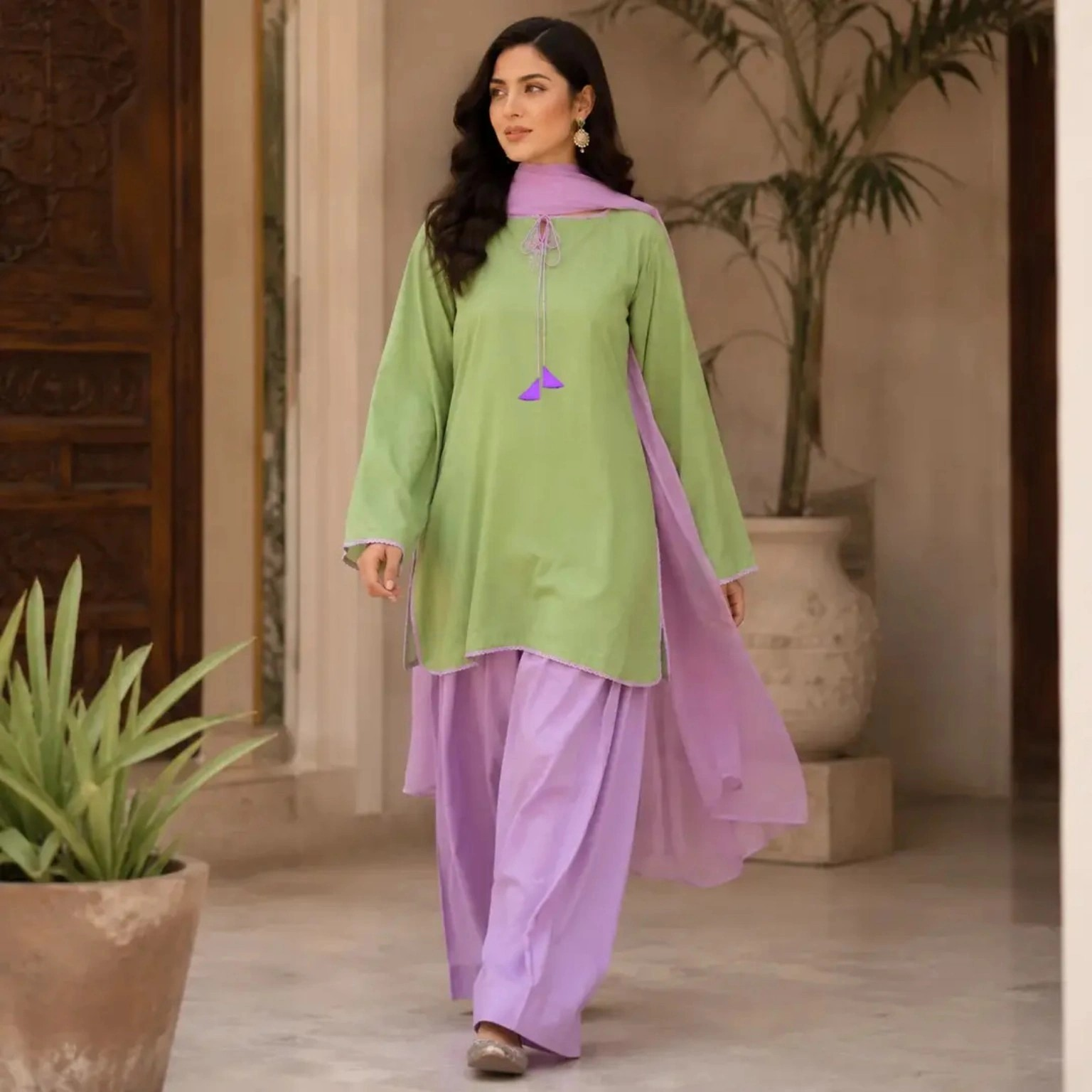 3 Pcs women's stitched cotton plain suit