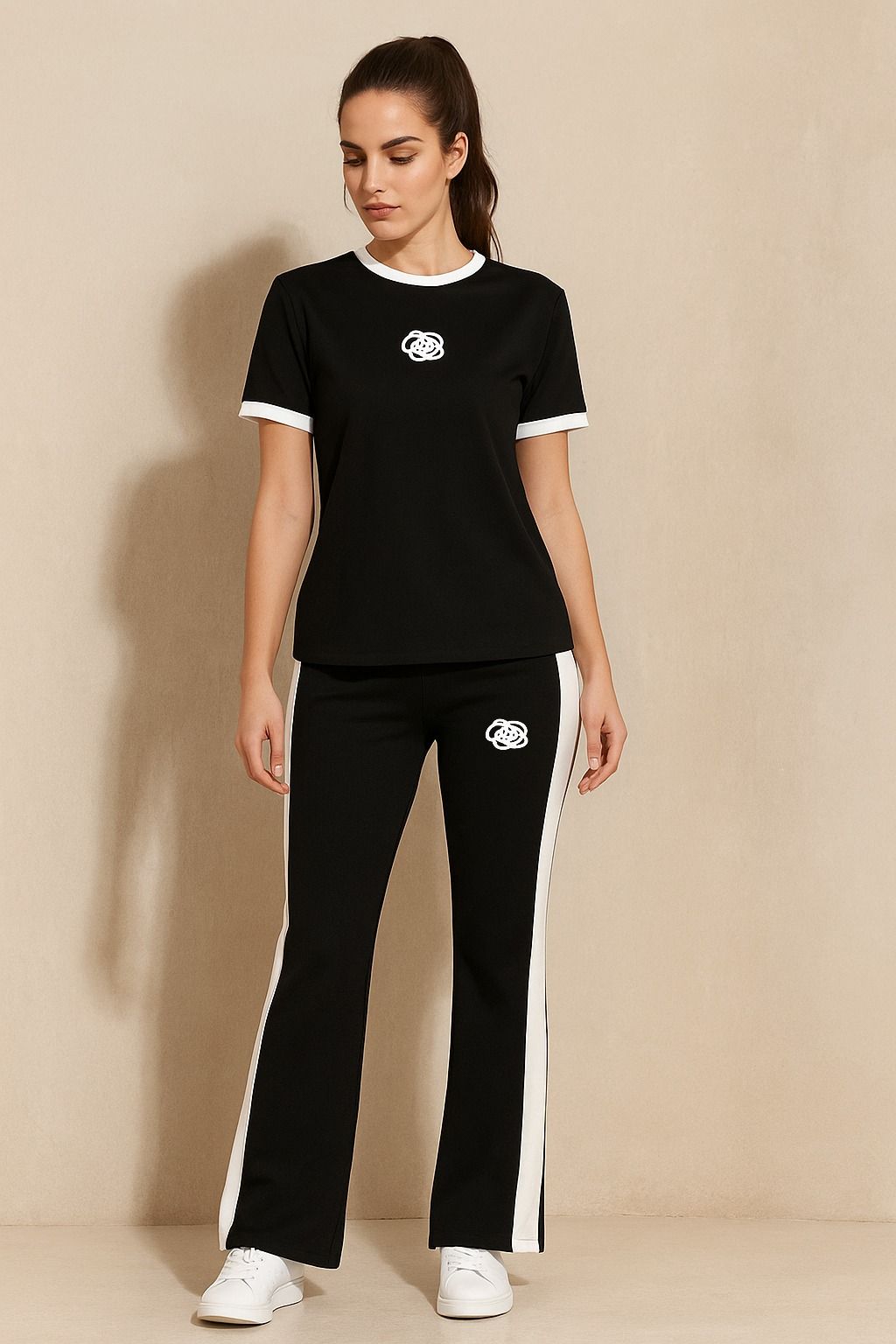 New Arrivals Women 2 Piece Tracksuit Gym Wear Set – Black & White Contrast Stripe T-Shirt & Trouser Co-Ord Set – Soft Stretch Jersey Fabric – Casual Wear, Sportswear, Yoga Suit, Running Outfit For Girls & Ladies girls dress women's dress Tee Tops Pj's