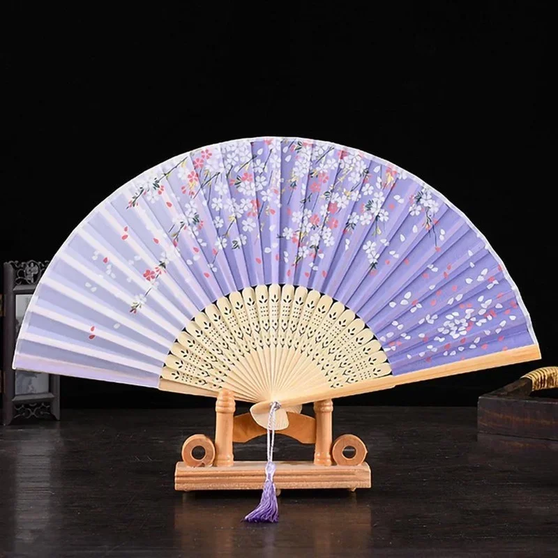 1Pc Vintage Silk Folding Fan Retro Chinese Japanese Bamboo Folding Fan Tassel Dance Hand Fan Home Decoration Ornament Craft 