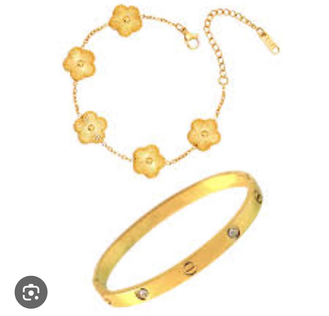 Stainless Steel 2-Piece Bracelet Set for Women – Clover & Bangle Design – Modern Style – All Season, Multicolors