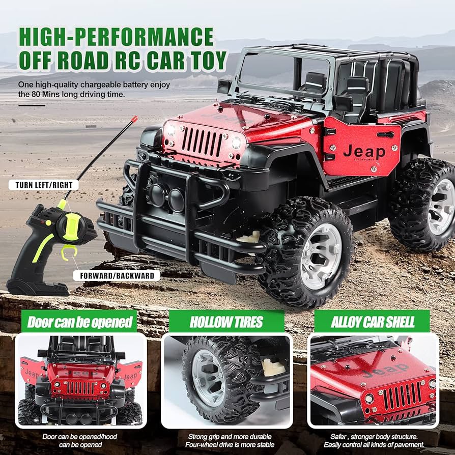 1:20 Scale Remote Control Car, Non-Slip Off-Road Toy Car with Friction Powered Wheels & Openable Doors, RC Jeep Toy for Kids & Children