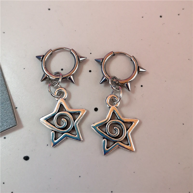 Y2K Punk Safety Pin Tooth Star Heart Spiral Charm Hoop Earrings Set Silver Tone Earrings for Women E-girl Grunge Aesthetic