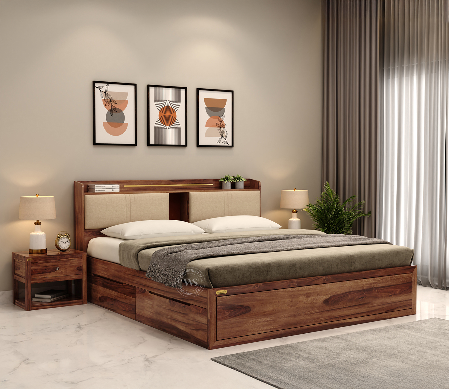 Wildon Premium Sheesham Wood Bed with Cushioned Headboard and Drawer Storage