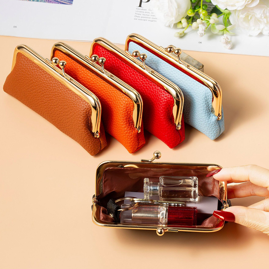 【Bag-In-A-Bag, Storage Bag】Mini First-Layer Cowhide Storage Bag for Women, Genuine Leather Fashion Lipstick Bag, Compact Clip Bag, Ladies' Clutch Bag