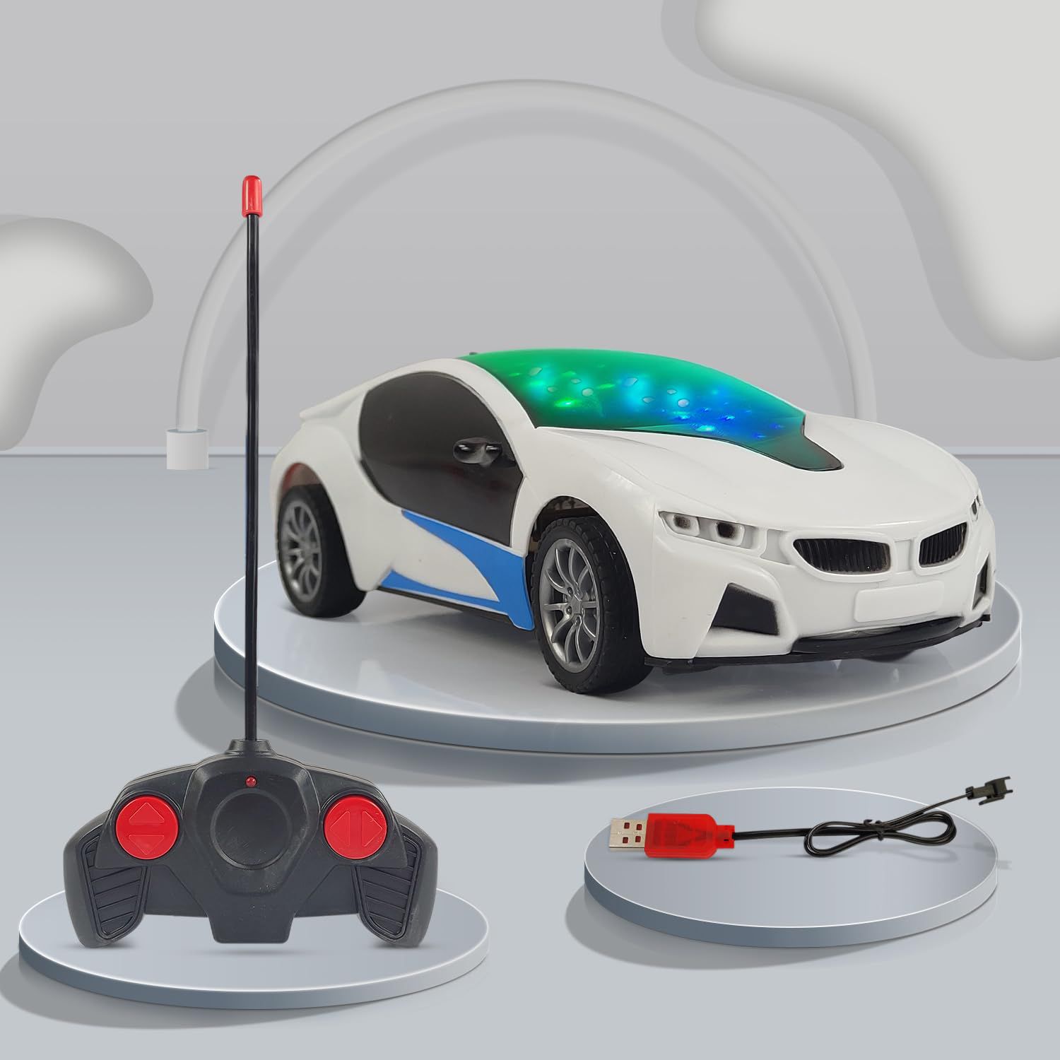 Remote Control Car Chargeable 3D Remote Control Lighting Famous Car Remote Car for Kids 4 Function Racing Car (3+ Years, White)