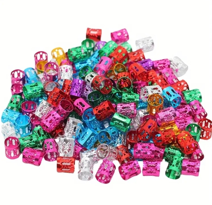 Braid Beads & Braided Rings Set, Aluminum Alloy, Geometric Patterns, Mixed Color, Hollow & Beaded Design, Elegant & Cute Style, Round Shape, Baby Girl Hair Accessories for Valentine's Day