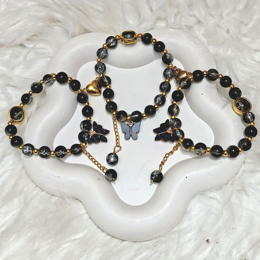 Trio Pcs 3 Piece Set Fashionable Bracelet Besties Black Beaded Butterfly Black Charm Braclate Friends