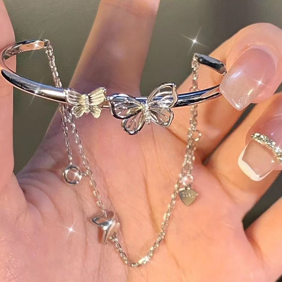 New Fashion Butter flies Design silver color 2 layers chain with bangles bracelet