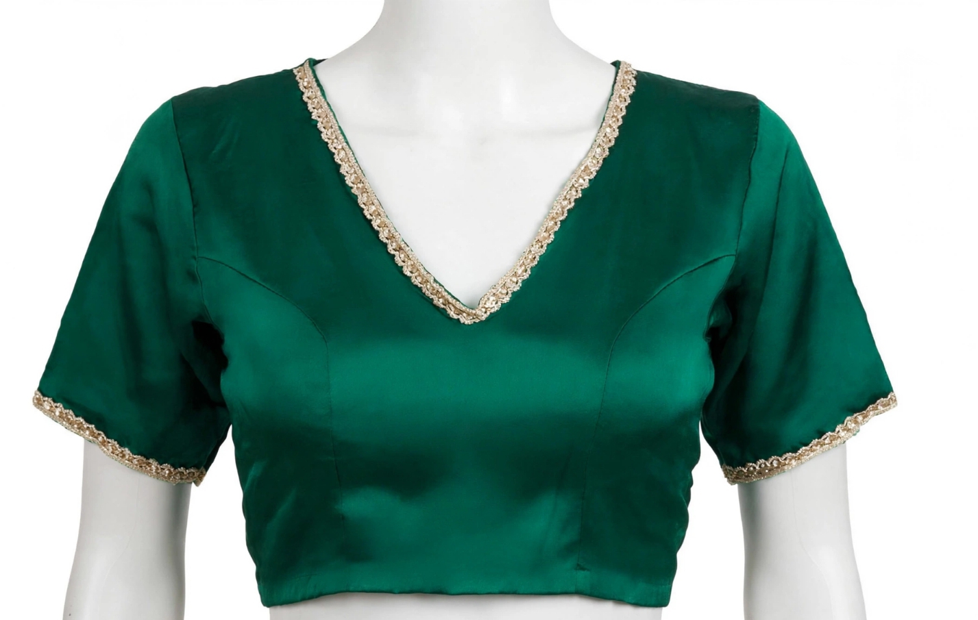 Double XL Saree Blouse - 46 Size Emerald Green Padded V-Neck Satin Blouse for Women - Party Wear Plus Size Blouse