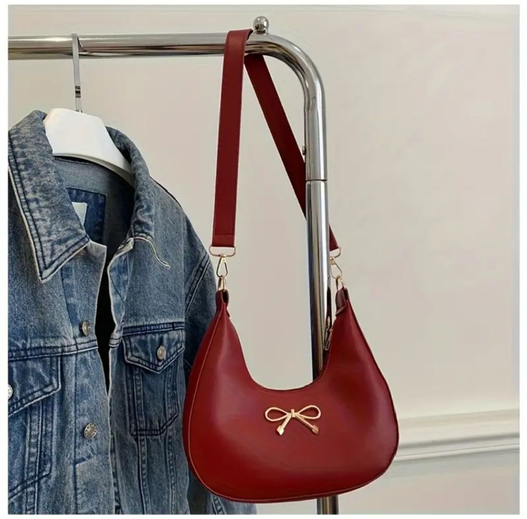 Women's Luxury Crescent Underarm Shoulder Bag  Cute Bow Leather Half Moon Purse & Handbag for Girls