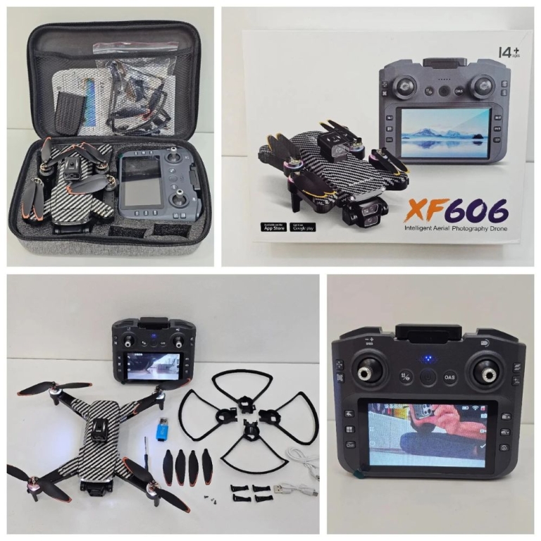XF606 Triple Camera Brushless Motors Camera Drone With Rechargeable LCD Remote Also With 2.5 Cine Lens High Quality Obstacle Avoidance Camera Drone With Unique Packing Carbon Coting High Quality Body
