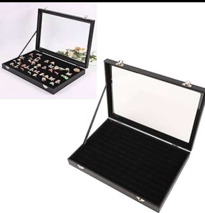 90 Slots Ring Organizer Display Case,Jewelry Storage Tray Boxes for Multiple Rings,Glass Lid
