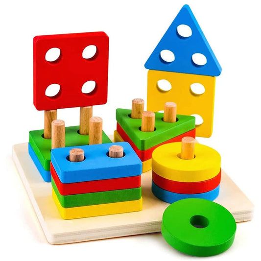 Lewo Wooden Puzzle Toddler Toys Shapes Sorter Preschool Geometric Blocks Stacking Games for Kids Geometric Shape Sorter