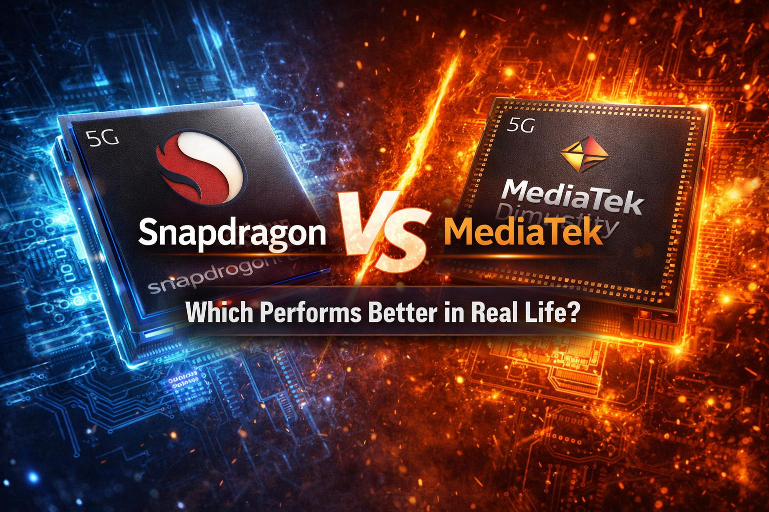 Infographic comparing Snapdragon and MediaTek processors features including gaming performance, battery life, price and efficiency