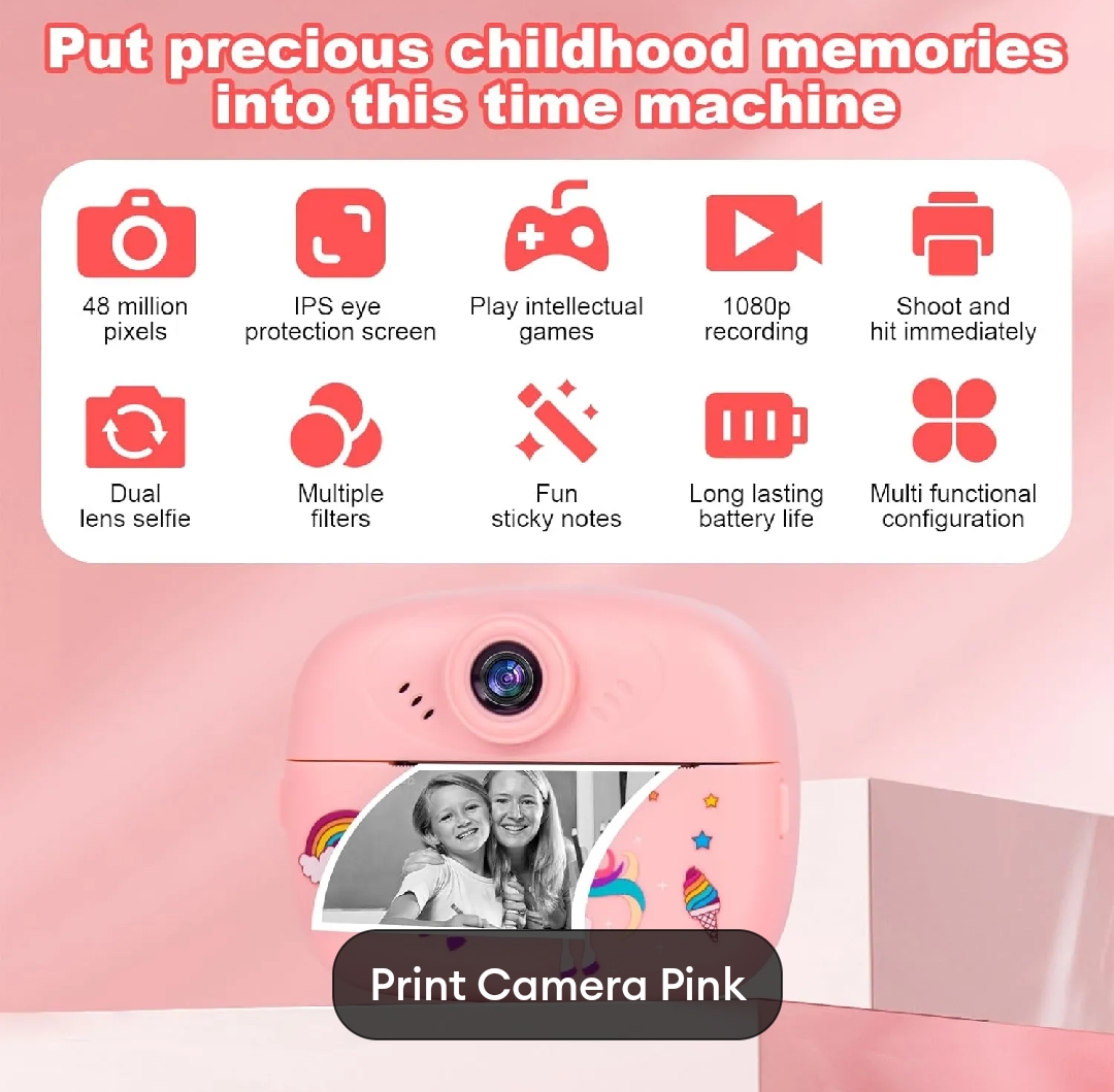 smart Digital Dual Lens instant Print camera For kids 1080 P Vedio Recorder & Selfie Camera With Tharmal Printer Camera 2.4" IPS Screen Mini Portable Camera With Games Best Gift For Gift For Both Girls And Boys ! Children Digital Camera Toys For Kids