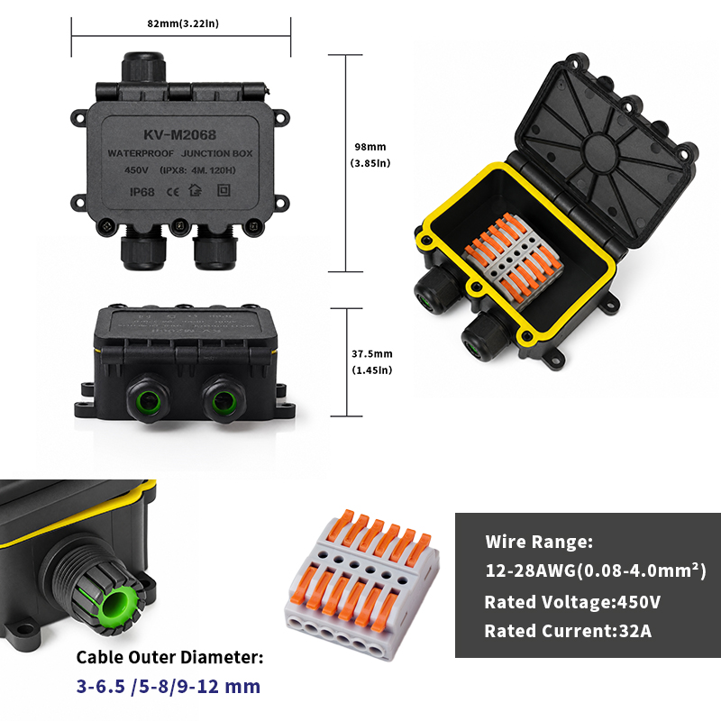 IP68 Waterproof Junction Box 2-8 Way 6 Pole Electrical Wire Connector 32A 450V 0.08-4.0mm² Cable Splice for Outdoor Lighting