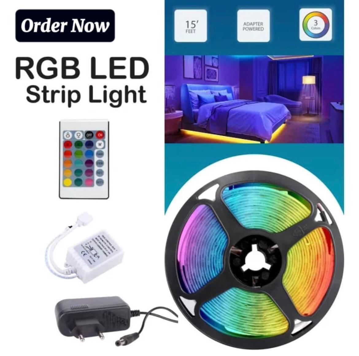 RGB LED Strip Lights 14-15Feet approx. Self-Adhesive Waterproof Color Changing Remote Control Complete kit with 12V Adapter 2835. RGB Lights Strip for PC Gaming, Bedroom, Kitchen, and Home Decoration