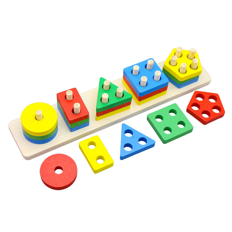 Intellectual Geometric Shape Matching Four Column Blocks Educational & Learning Toys, Wooden Geometric Shape Sorter Puzzle