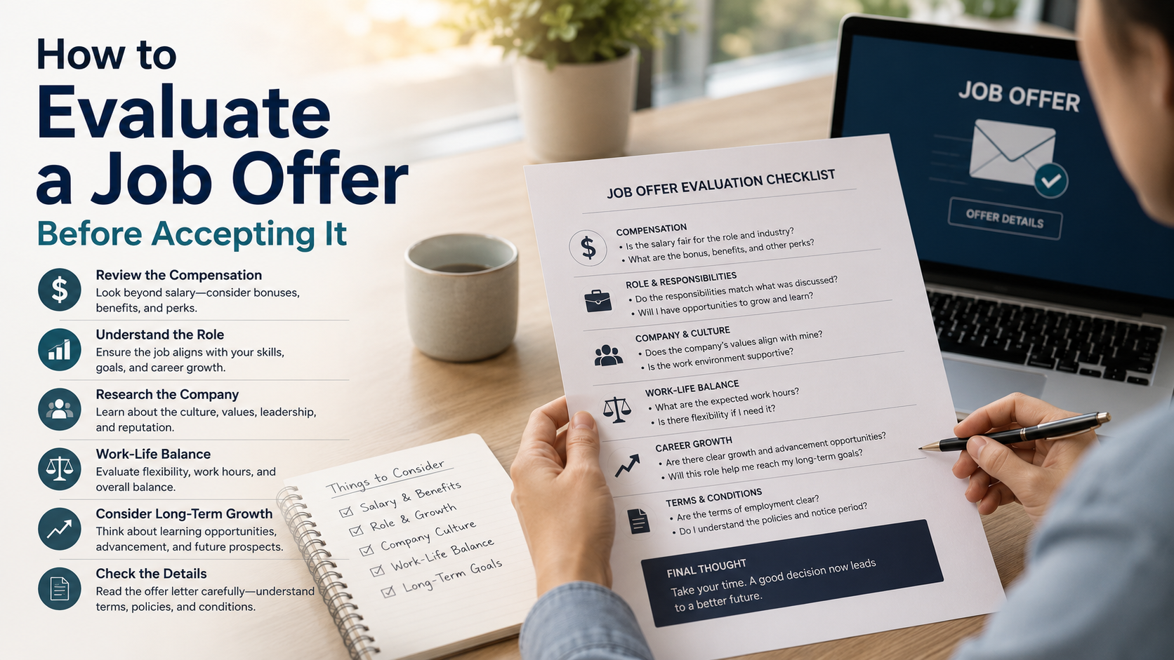 How to evaluate a job offer – checklist infographic covering key evaluation criteria including compensation, role fit, career growth, company culture, work-life balance, benefits, location, and job stability.