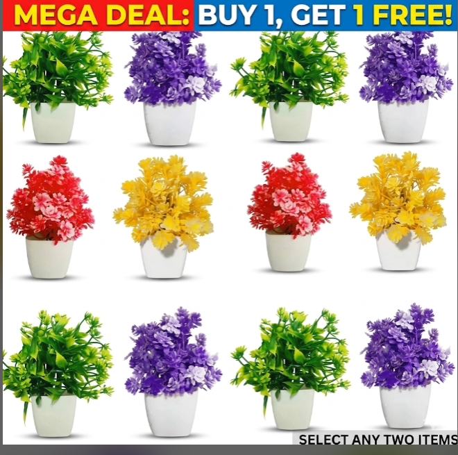 Buy 1 Get 1 Free - Mini Artificial Flower Pot with Vase (Pack of 2) | Premium Plastic Fake Plants for Home, Office, Kitchen & Room Decoration