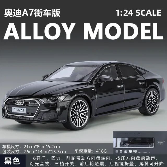 1:24 Audi A7 Toy Car Model Diecast Alloy Vehicle Miniature Pull Back Sound & Light Doors Openable Collection