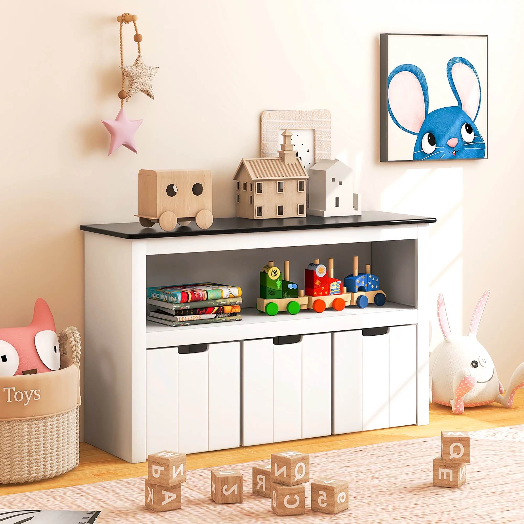 Costway Kids Toy Storage Organizer Wooden Bookshelf with Drawers