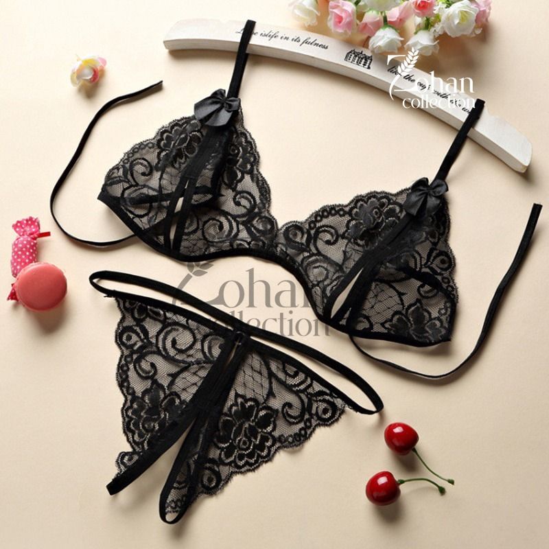 (Cup Size Small) -   Elegant Lace Bra & Panty Set | Halter Neck, V-Cut Lingerie