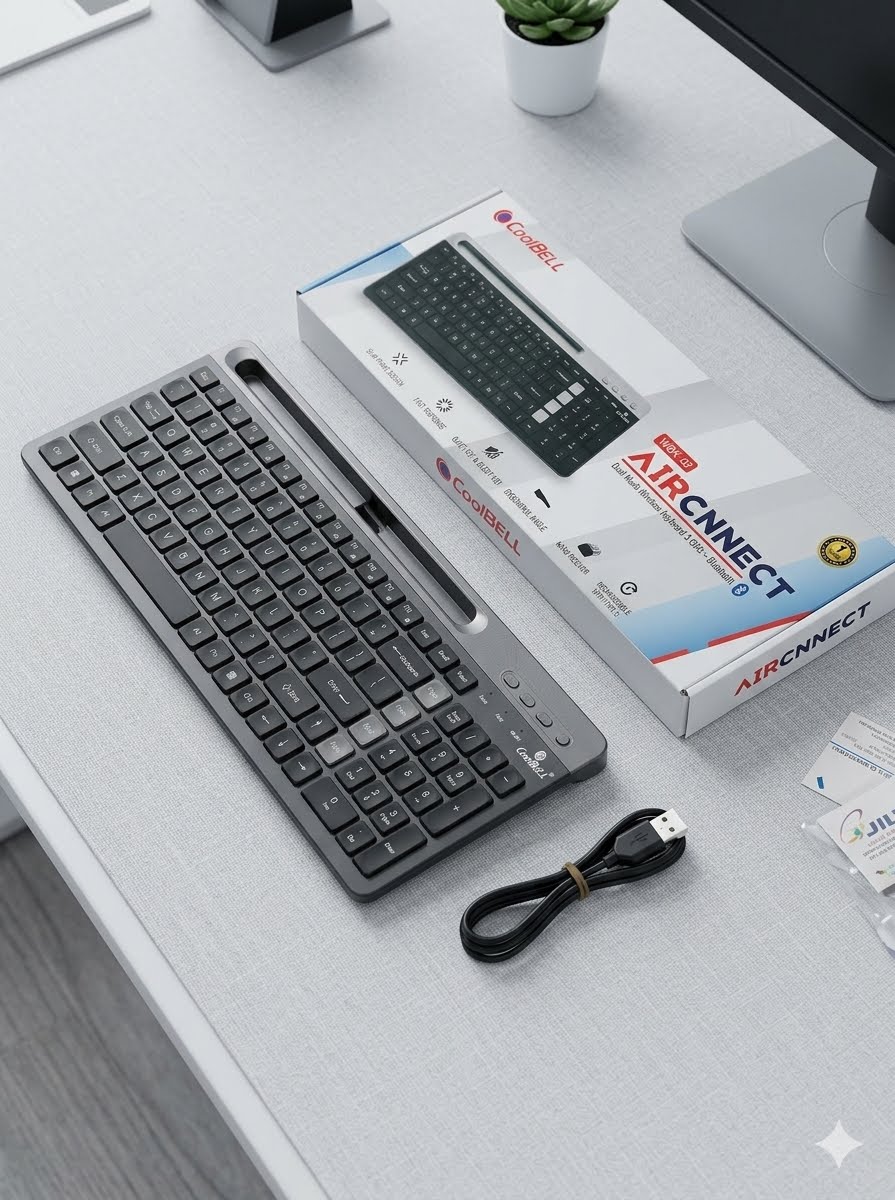 CoolBELL WBK-02 Air Connect Dual Mode Wireless Keyboard - Bluetooth & 2.4GHz Rechargeable Slim Mini Keyboard with Built-in Phone & Tablet Cradle Slot