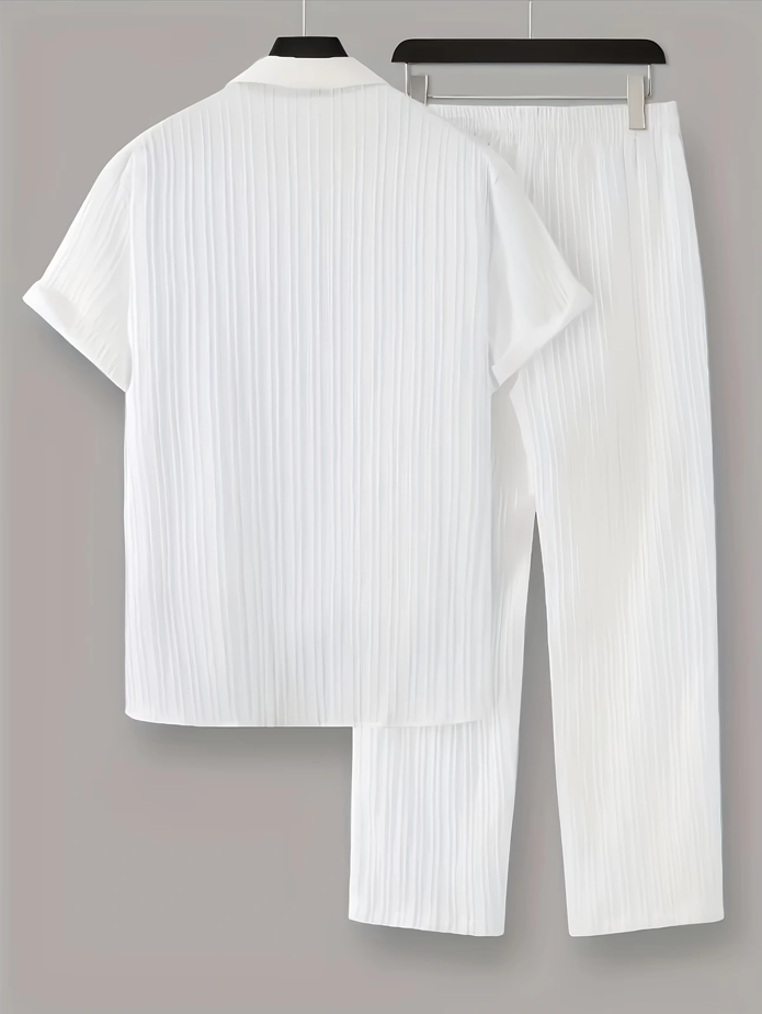 Deals Swag|Men Textured Co-Ord Set Short Sleeve Shirt and Trouser Summer Outfit Casual Two Piece Matching Set