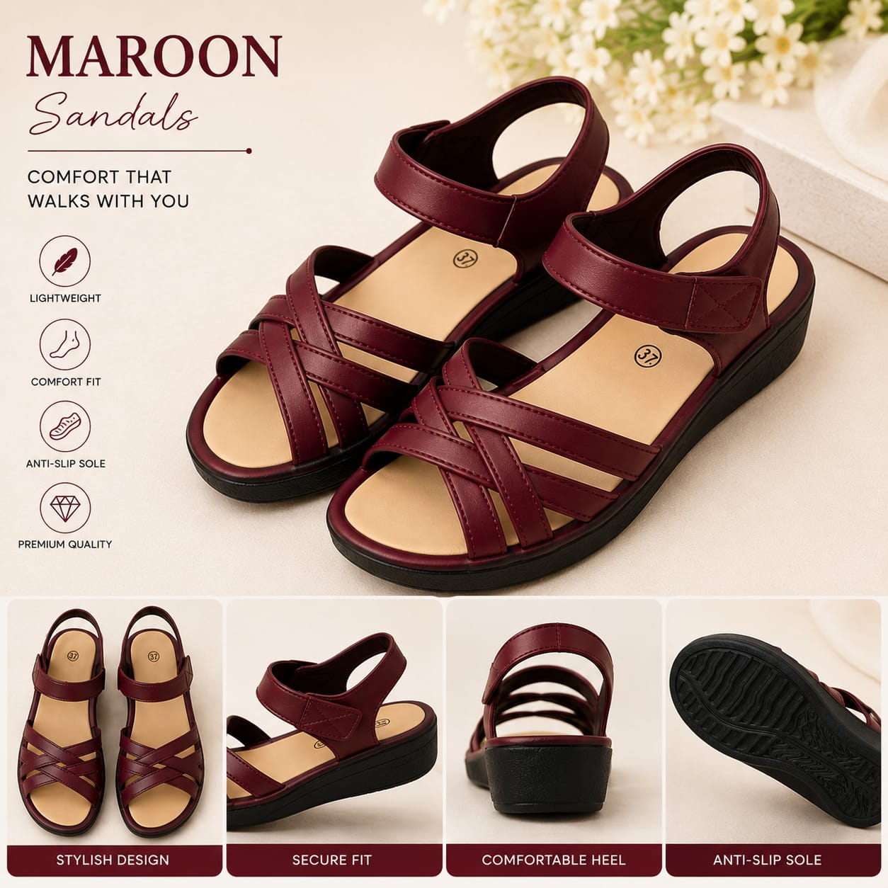 Ladies Summer Sandals | Comfortable Soft Footbed Velcro Sandals | Lightweight | Black Brown Skin