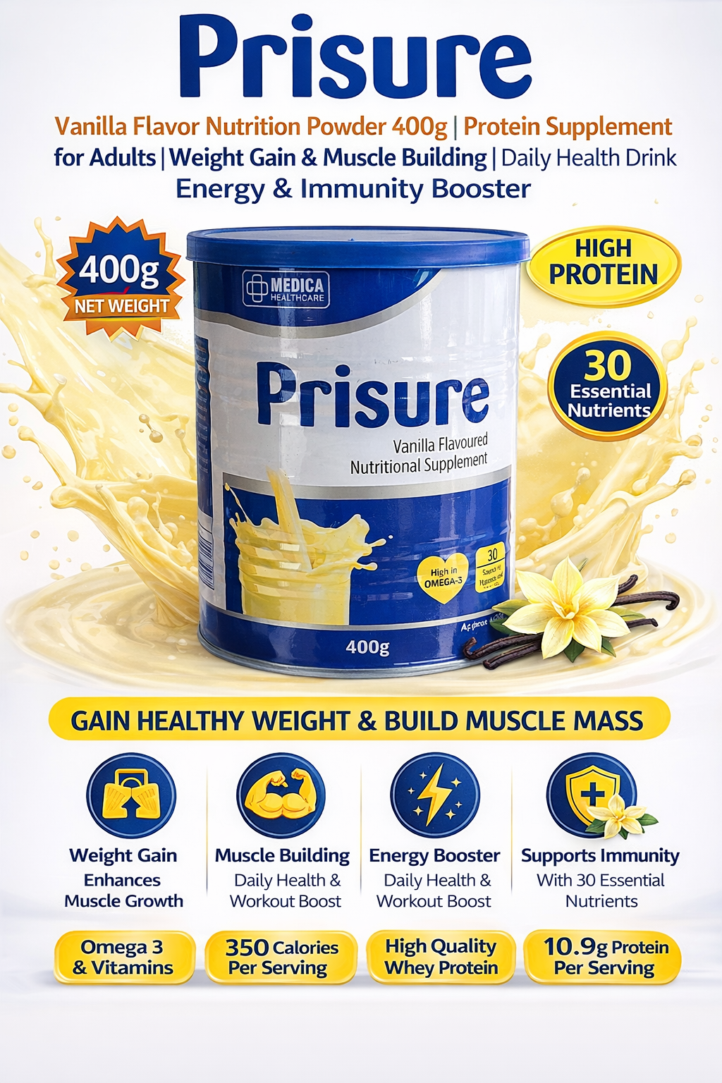 Prisure Vanilla Flavor Nutrition Powder 400g | High Protein Health Drink | Weight Gain Supplement | Energy Booster | Adult Nutritional Formula | Muscle Strength Support | Daily Health Care | Immunity Booster | Vanilla Nutrition Supplement