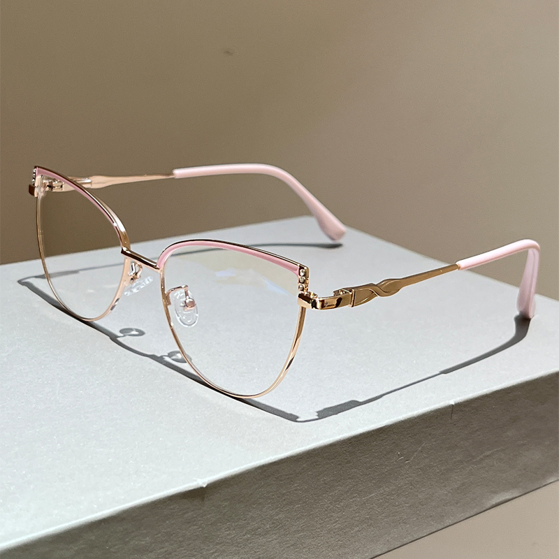 KAMMPT Cat Eye Glasses with Rhinestones Women Fashion Blue Light Blocking Optical Frames Trendy Vintage Metal Rim Decor Eyewear