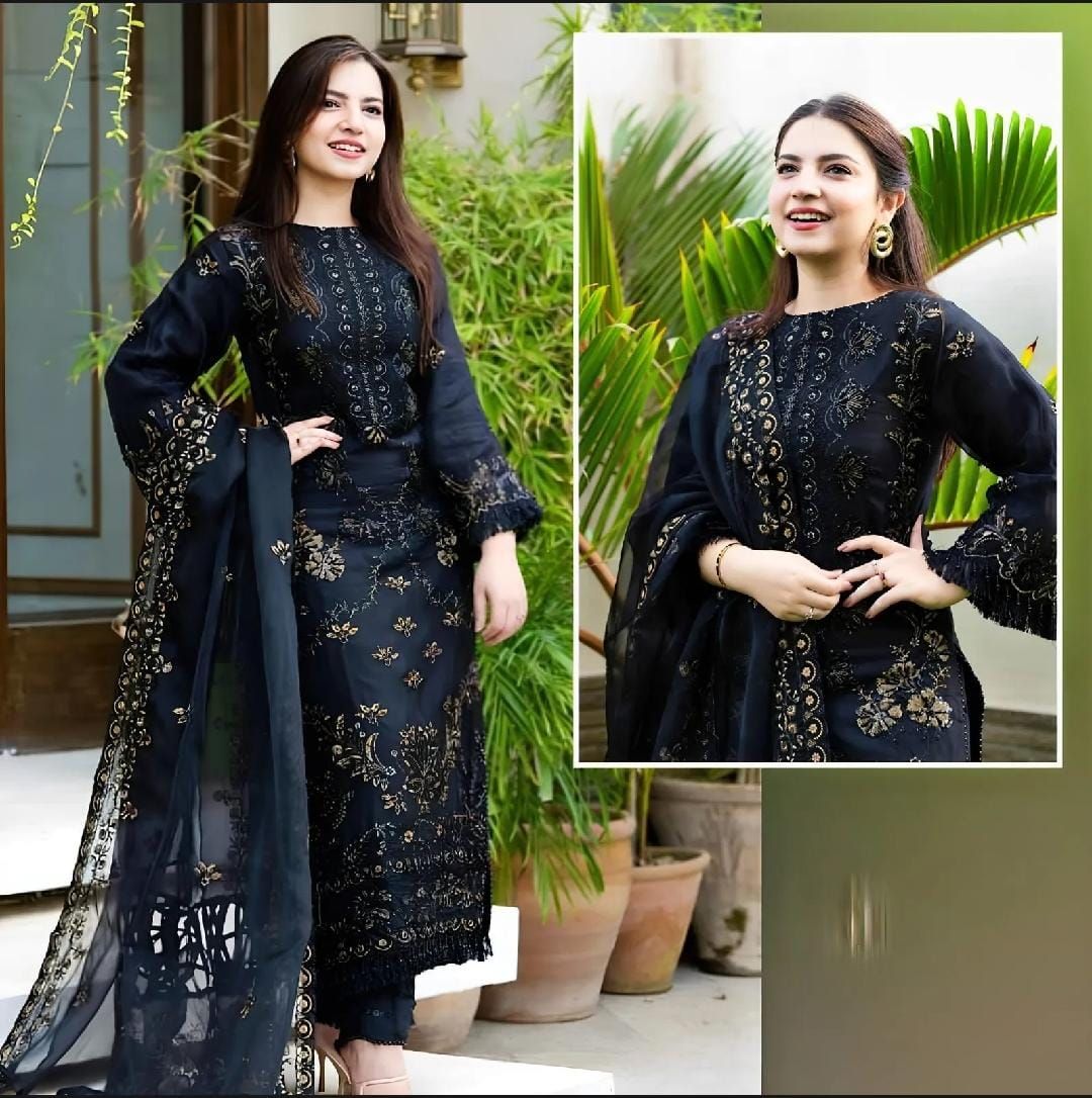 3Pc Embroidered Unstitched Chiffon Suit For Women All Season Crinkle Chiffon Fabric Party Wear Formal Style Multiple Color