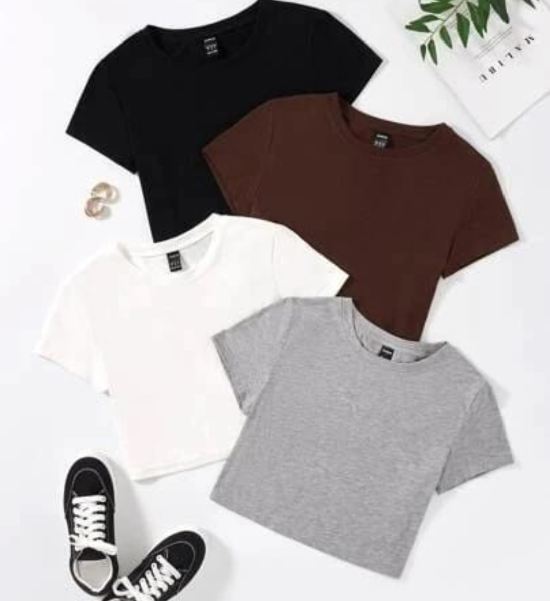 Crop Top Plain T Shirts Pack of 4 For Women Casual Summer Short Sleeve Plain Tops Soft Stretchable Fabric Value Combo Set