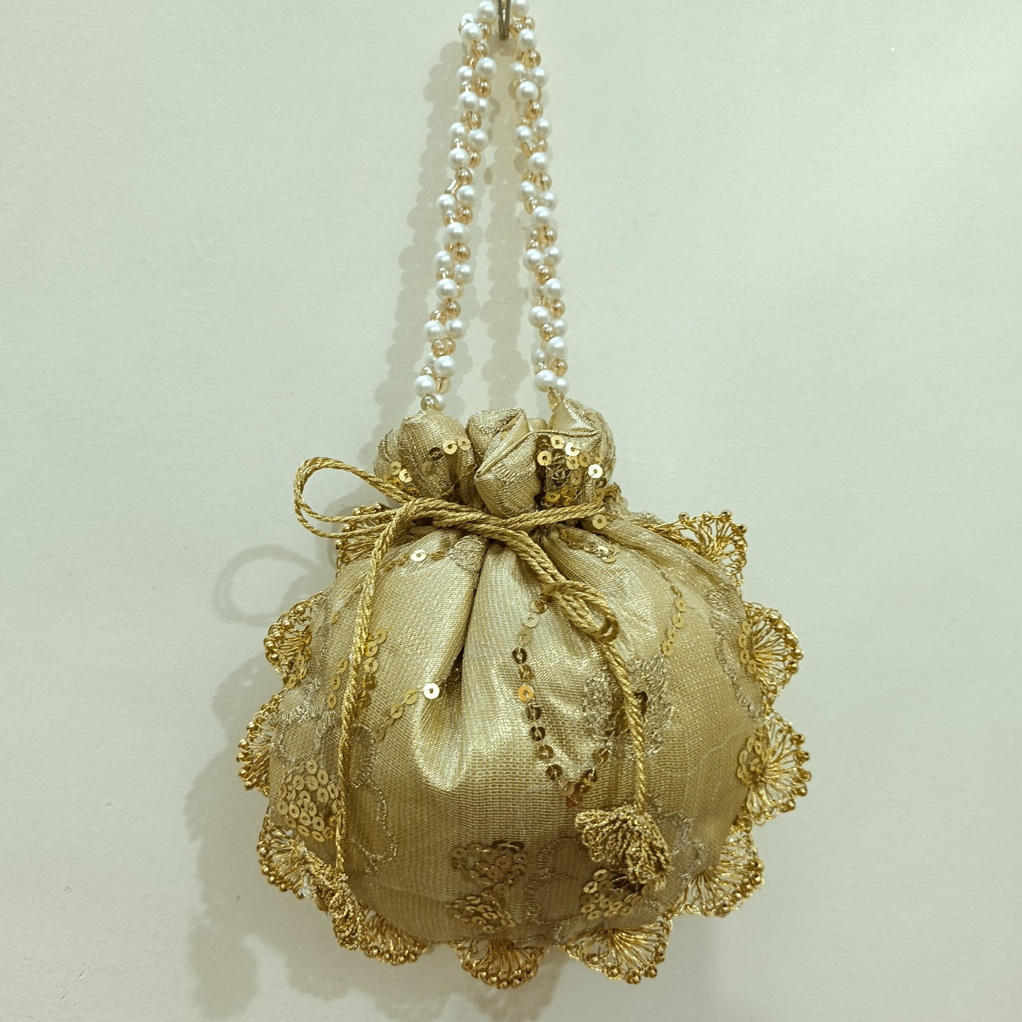 Embroidered Potli Clutch Bag with Pearl Handle for Party Wear
