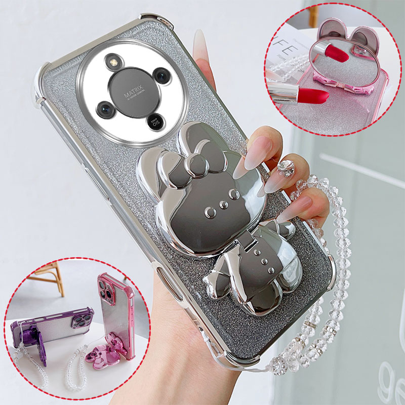 Shockproof Phone Case with Rabbit Makeup Swivel Stand Crystal Lanyard For Honor X9d X9c Smart X9b X9a X8d X8c X8b X8a Back Cover