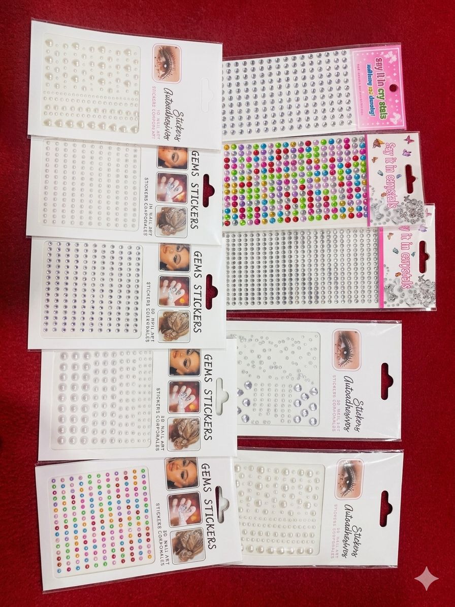 ​3D Crystal & Pearl Face/Nail Art Stickers Set – Face Gems, Body Jewels & Glitter Stone Sheets