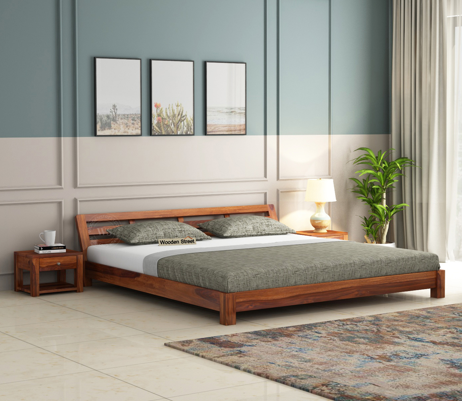 Rico Low Floor Sheesham Solid Wood King Size Bed With 2 Side Tables