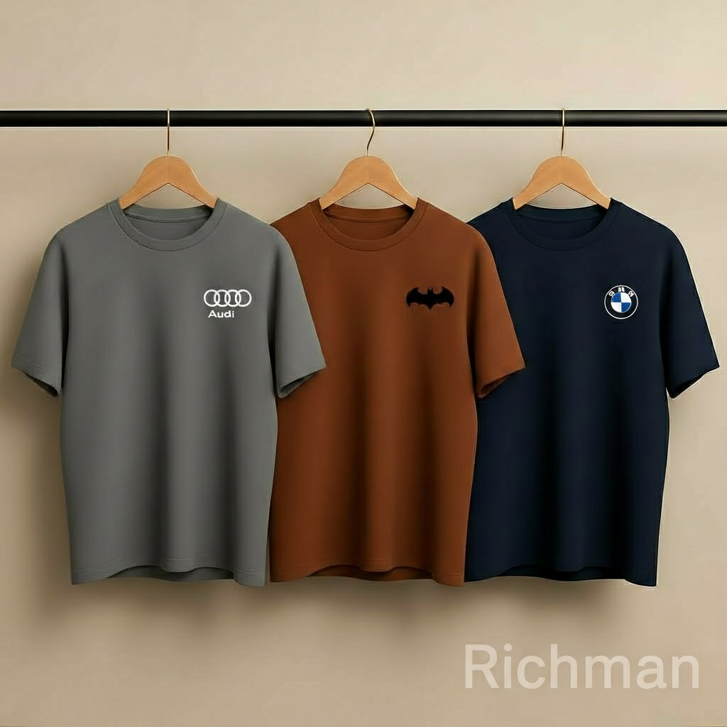 Premium Men’s Branded Logo T-Shirt Pack of 3 – Grey, Brown & Blue | Soft Cotton | Regular Fit