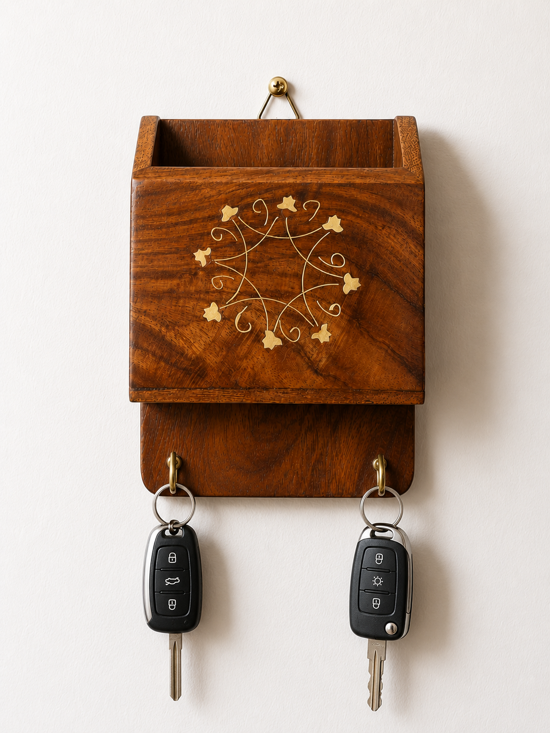 Wooden Wall Mounted Mobile Holder with Key Hooks | Charging Station & Key Organizer Rack | Wooden Phone Stand for Home & Office