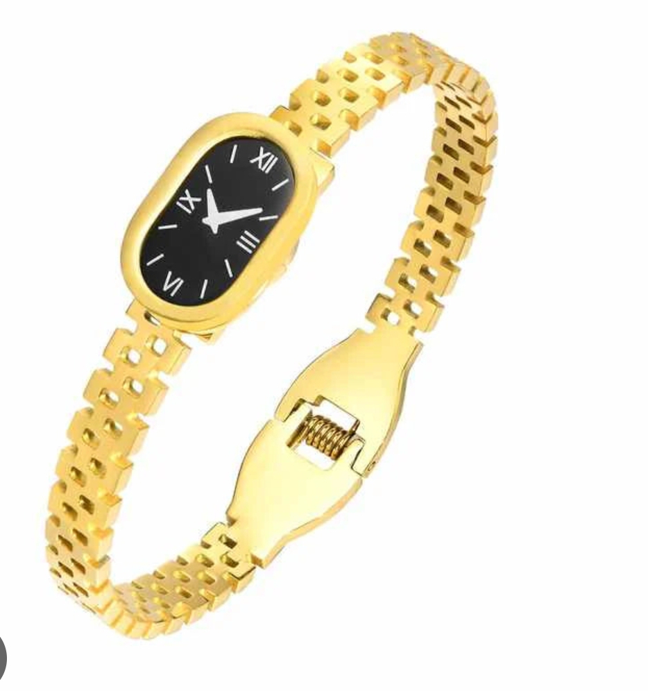 Trendy Elegant Golden Fake Watch Style Bracelet for Women – Luxury Minimal Oval Dial Wristwatch | Adjustable Chain Strap | Waterproof Quartz Movement | Stylish Ladies Dress Watch for Casual & Formal Wear | Perfect Gift for Girls & Women