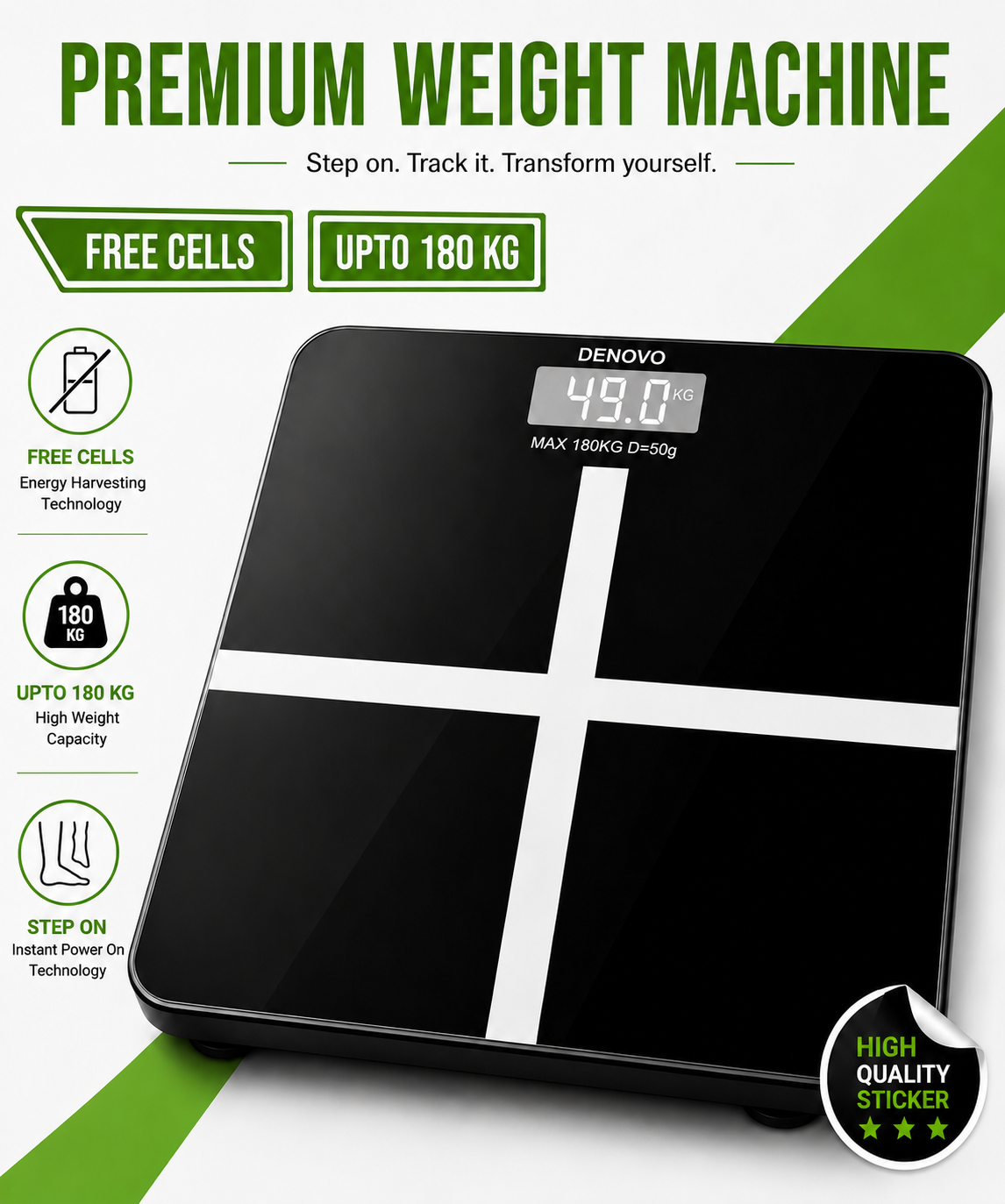 DENOVO MART Tempered Glass Electronic Digital Body Weight Scale, Bathroom Scale 180 KG with LCD Display Weight Machine Denovo Mart