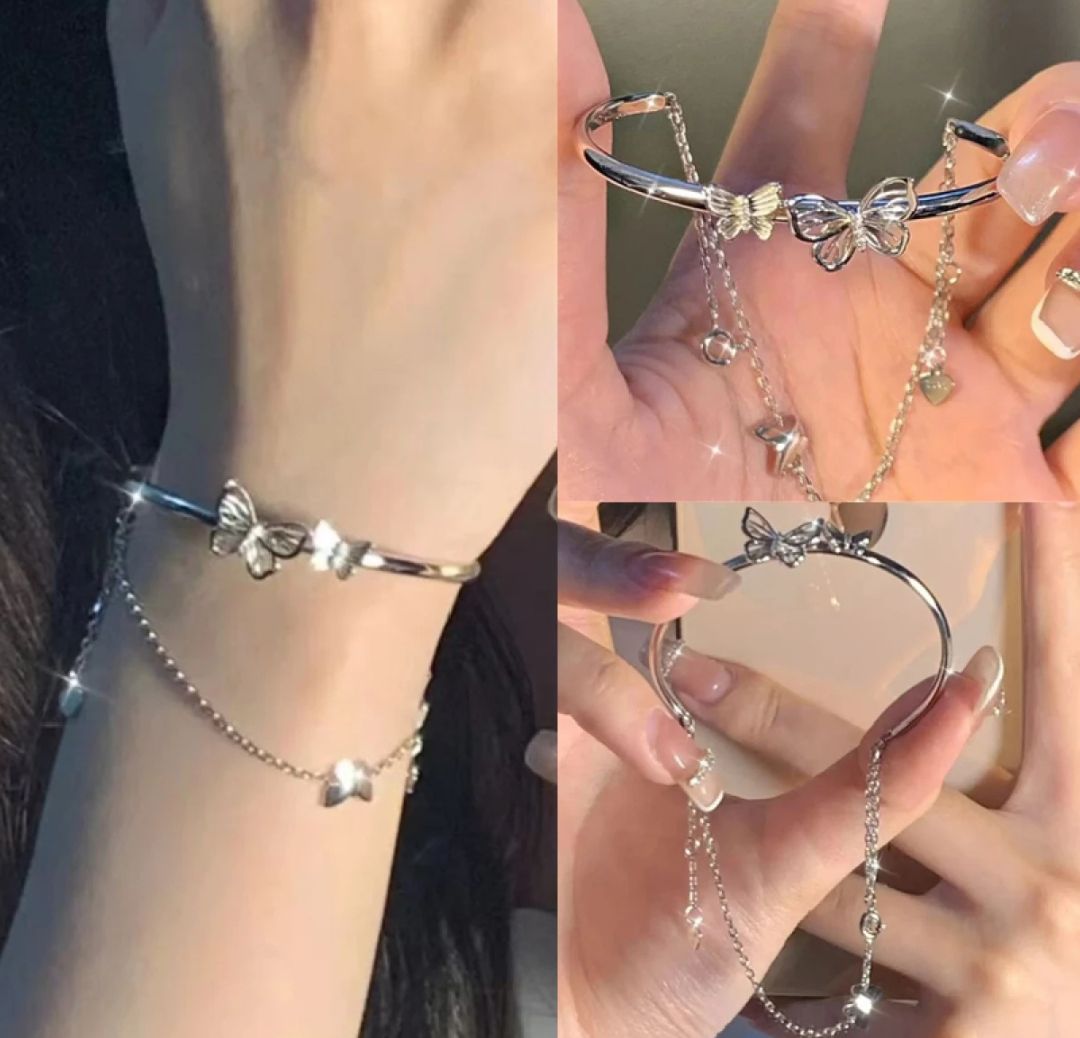 New fashion silver color buterflies design double layer with chain Bracelet for girls