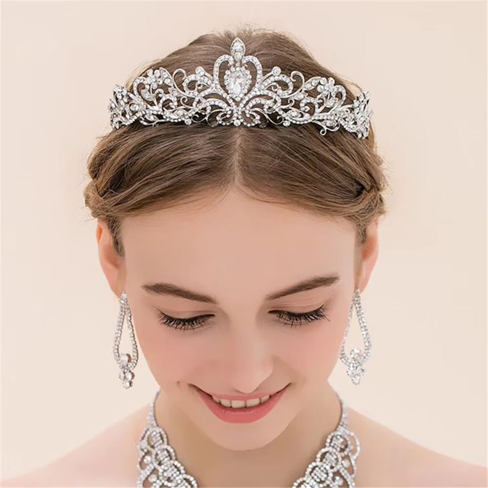Shiny Silvery Rhinestones Crown Bridal Hollowed Geometric Crystal Tiara Birthday Jewelry Bride's Exquisite Wedding Accessories A