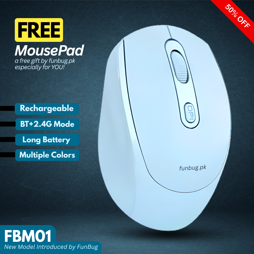【Premium】 Rechargeable Dual Mode Wireless Mouse (Bluetooth + 2.4G) for Laptop, PC, Smart TV Gaming & Office ~ Ergonomic Lightweight Design Mice with Silent Click Buttons & 1600 DPI Control | FunBug