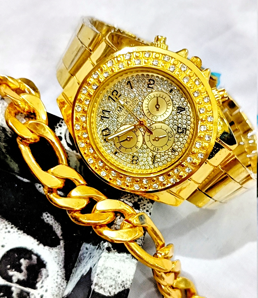 2Ps/Top Fashion men's Luxury Watch Jewelry Deal -Top Fashion High Quality Pearl Stone Casual Watch+Hand Made Italian Thin Cuban Link Braclet For Men/Boys