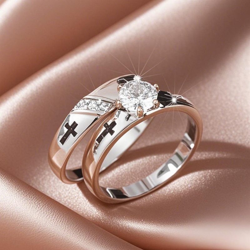 2Pcs Romantic Wedding Ring for Woman Men Cross Zircon Couple Rings Fashion Engaged Promise Jewelry  Fine Jewelry