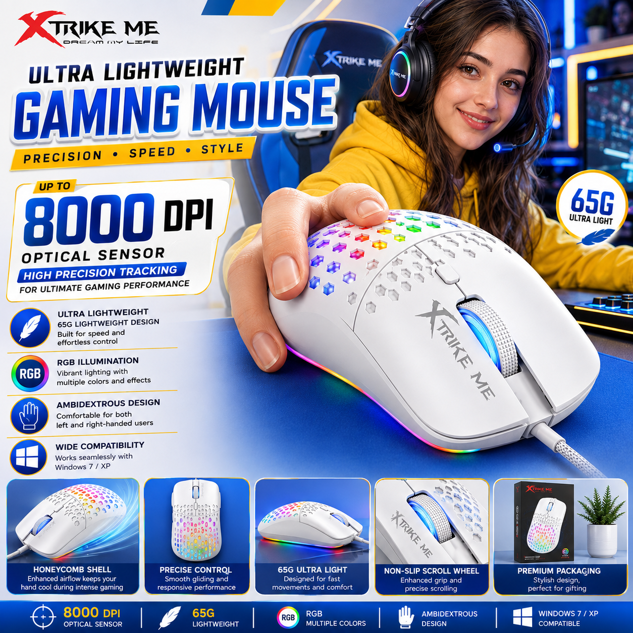 XTRIKE ME GM-209W RGB GAMING USB Wired Mouse BUTTONS WIRED MOUSE GM-209W USB corded RGB Gaming Mouse | Light weight | HighEnd/ EAISY TO USE
